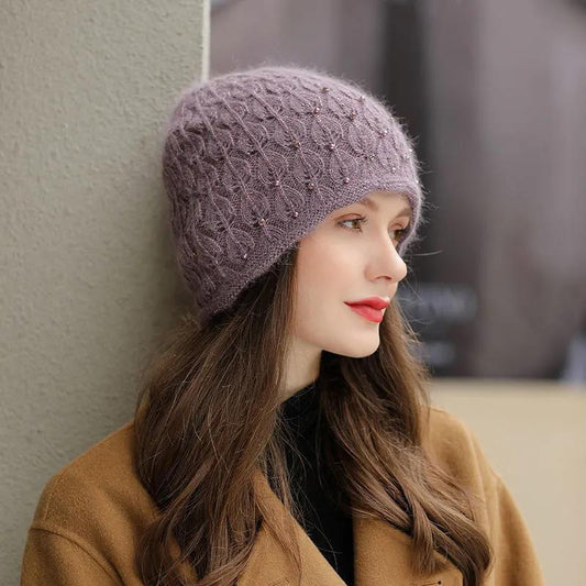 Women's Hat Autumn Winter Thickening Warm Beret Hat Cold-proof Rabbit Fur Blended Knitted Hat Windproof Beanies Cap Headgears Solid Pearl Decor Hat