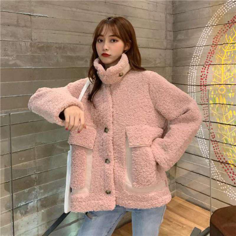 Faux Lamb Wool Coat Women Autumn and Winter All-match Thick Fur Wool One Lamb Wool Ladies Stand-up Collar Warm Loose Jacket