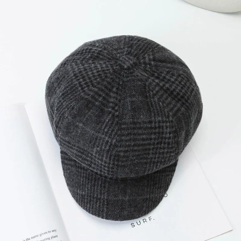 Women's British Retro Plaid Octagonal Hat Spring Autumn Wool Blend All Match Beret Outdoor Leisure Painter Hat Adjustable Beanie Hat