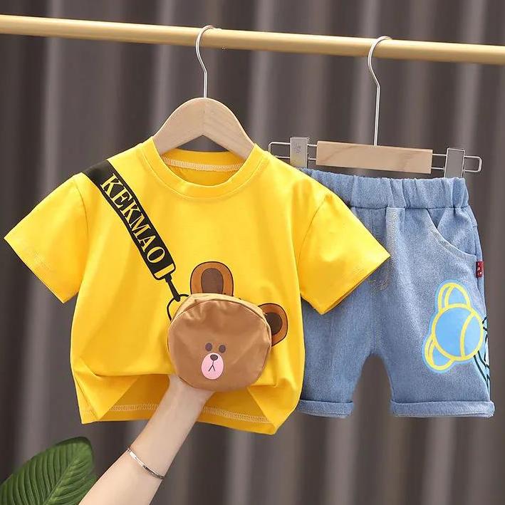 Children's Summer Boys Girls Short Sleeve Suit Casual Printed Bear Three-dimensional Pocket T-shirt Denim Shorts Two Piece Set