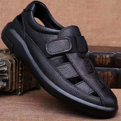 Summer Men's Sandals All-match Soft Bottom Soft Leather Non-slip Breathable Toe Cap Roman Sandals Hollow Velcro Sandals