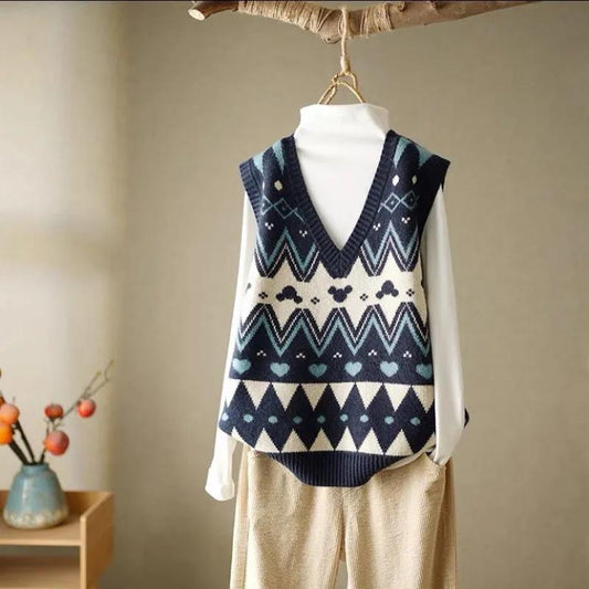 Sweater Vest Women's Autumn and Winter Loose Retro V-neck Sleeveless Knitted