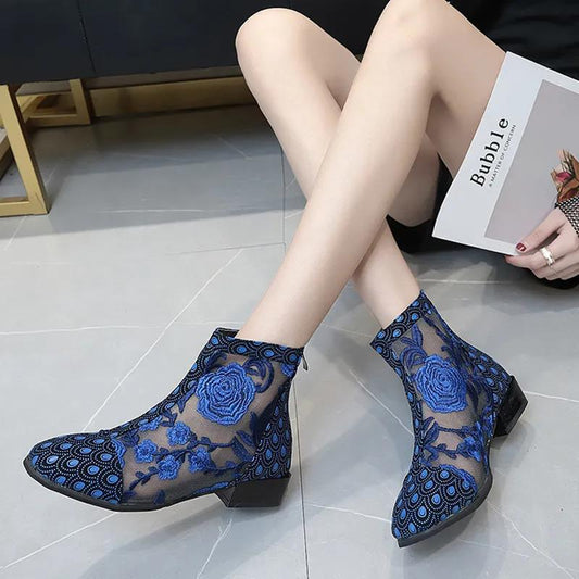 Ladies Square Toe Casual Office Boots Summer Boots Women Flower Mesh Zipper Round Toe Shoes