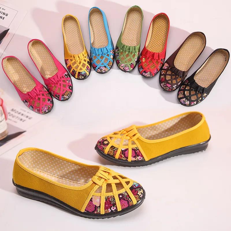 Spring Summer Cloth Shoes Women's Hollow Non-slip Soft Bottom Single Shoes Large Size Printing Flat Slip-on Sandals