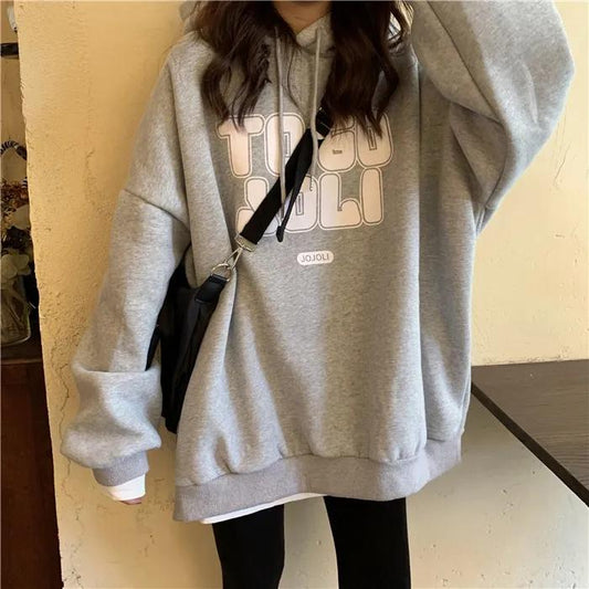 Sweater Women's Ins Plus Velvet Thickened Student Korean of The Loose BF Lazy Style Letter Printing Top Hooded Jacket Printing Pullover Sweater