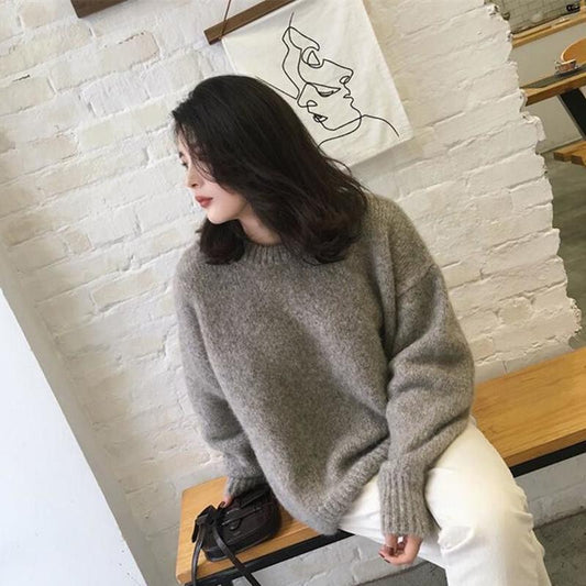 Autumn and Winter Loose Thick Sweater Korean Casual Round Neck Top Pure Simple Female Sweater