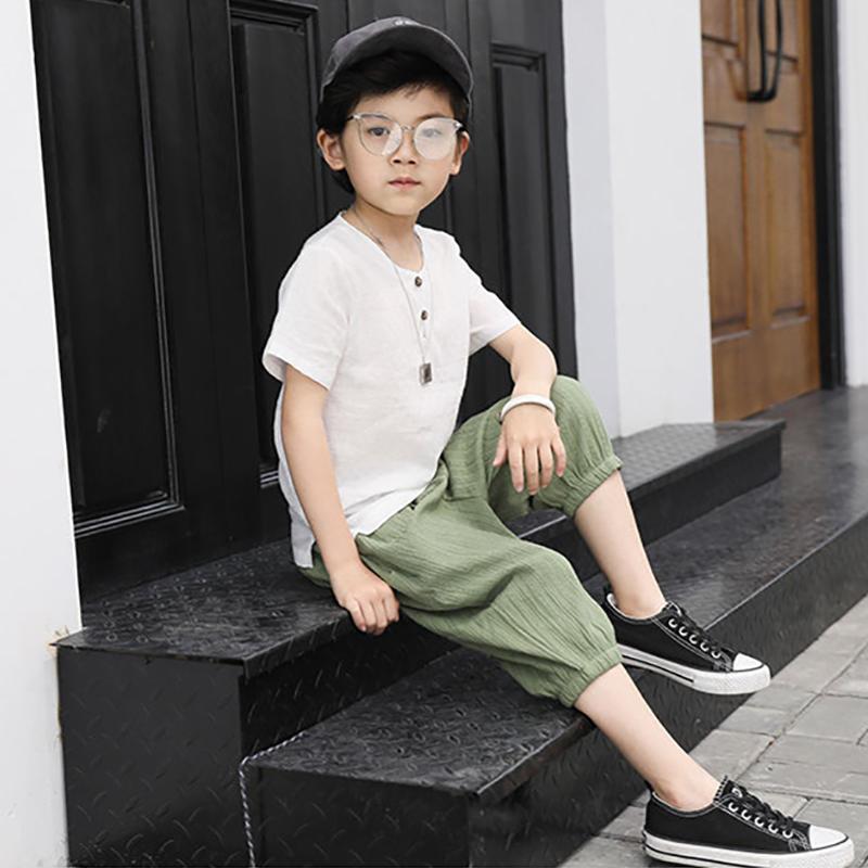 Children's  Short-sleeved Two-piece Boys Summer Cotton and Linen Suit Small and Medium Children