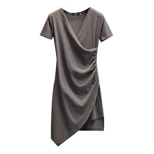 Women's Summer Korean Elegant Waist Collection Show Slim Fit Irregular Solid Short V-neck Hip Fold Dress