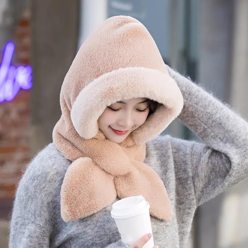 Hat Scarf Two Piece Set Women's Winter Thickened Baotou Ear Protection Cycling Hat Plush Integrated Thermal Hat