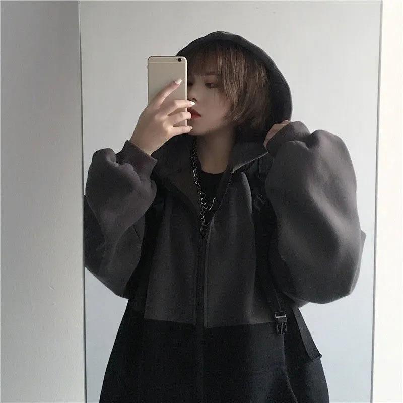 Women's Spring and Autumn Sweater Jacket College Harajuku Style Fleece Hooded Top Korean Loose Casual Long Sleeve Cardigan Zipper Coat