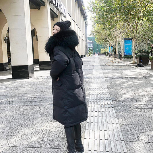 Fashion Hooded Fur Collar Women's Down Jacket Autumn and Winter Plus Velvet Thickening Warm Loose Casual White Duck Down Down Jacket