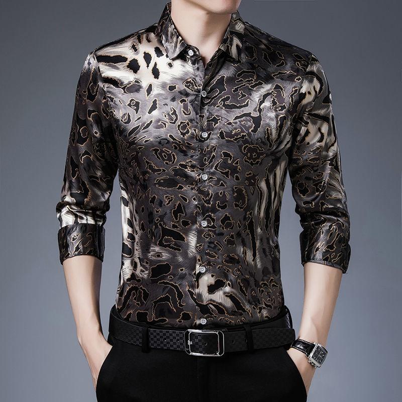 High-end Printed Mulberry Silk Men's Shirt Loose Business Casual Long-sleeved Handsome Shirt