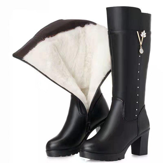 Women Winter Boots Genuine Leather Female Boots Warm High-heeled Wool Boots Women Martin Boots Women