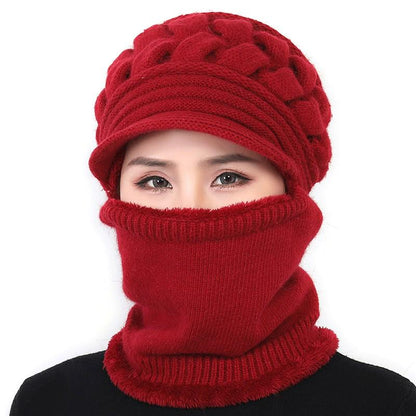 Women's Winter Windproof and Velvet Warm Knitted Woolen Cap Plush Pompon Cap Scarf Crochet Cap