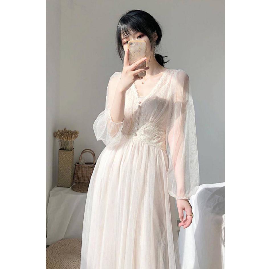 Women Dress V-neck Puff Sleeve Mesh Midi Dress Tulle Lace Dress Elegant Long Dress Vestidos