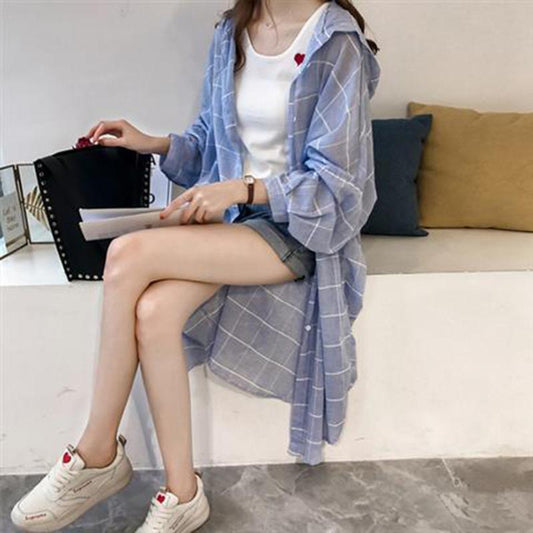 Loose Hooded Long-sleeved Plaid Shirt Women's Hooded Mid-length Sun Protection Clothing Cardigan Casual Jacket Thin Section Loose and Breathable