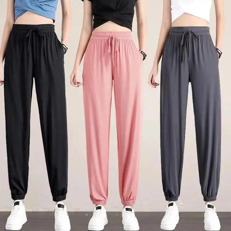 Ice Silk Sweatpants Women's Loose-fitting Feet Students Summer Thin Black Casual Women's Drape and Thin Wide-leg Bloomers