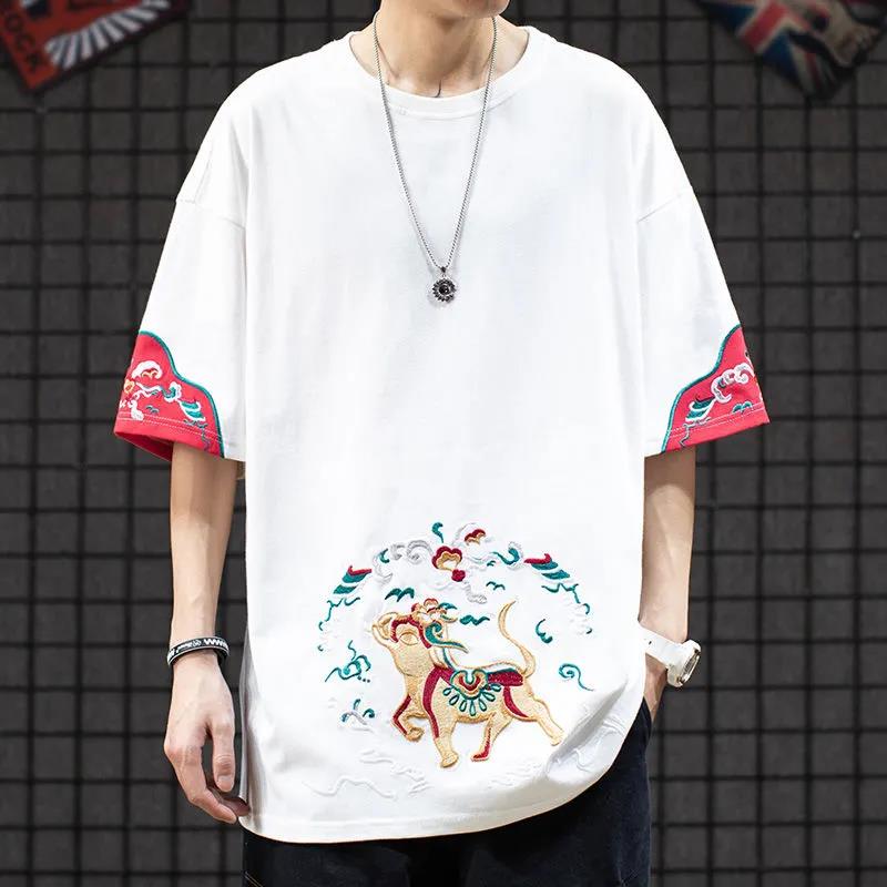 National Tide Ancient Style Animal Embroidery Short-sleeved T-shirt Male Ins Tide Couple Student Hip-hop Half-sleeved T-shirt