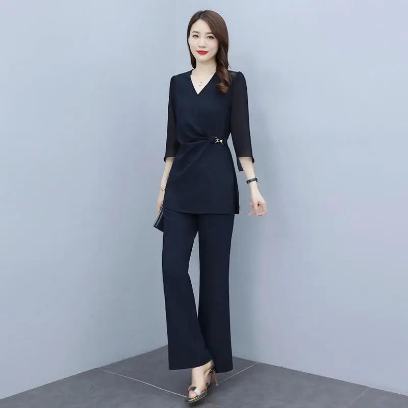 Solid Color Wide-leg Pants Suit Women's Summer Chiffon Temperament Professional Leisure Two-piece Fabric Light and Breathable