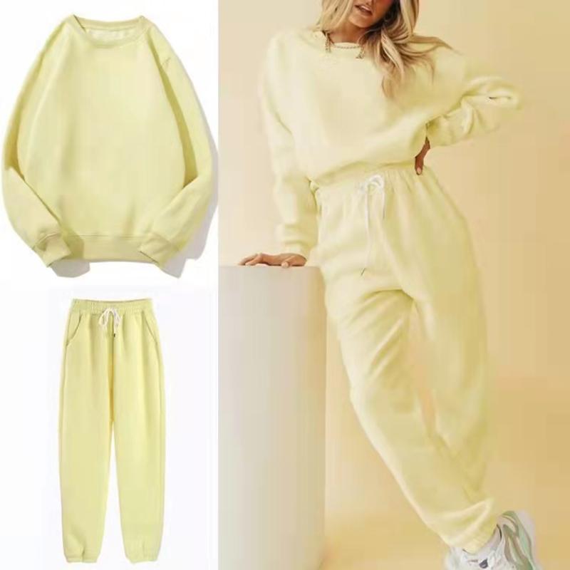 2PCS Women's Sport Suit Round Neck Long-sleeved Sweater Plus Velvet Thickened Two-piece Autumn and Winter Loose Trousers Suit Solid Color Sweat Suits