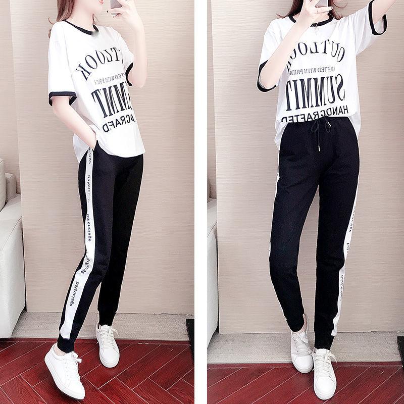 Black and White Suit, Large Size Women's Clothing Loose and Thin Leisure Two-piece Sports Suit Casual Home Service Short-sleeved Shirt