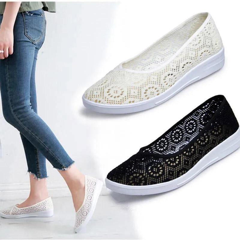 Middle-aged and Elderly Soft-soled Non-slip Cloth Shoes Women's Flat-bottomed Hollow Mesh Nurse Shoes All-match Low-cut Mother Shoes