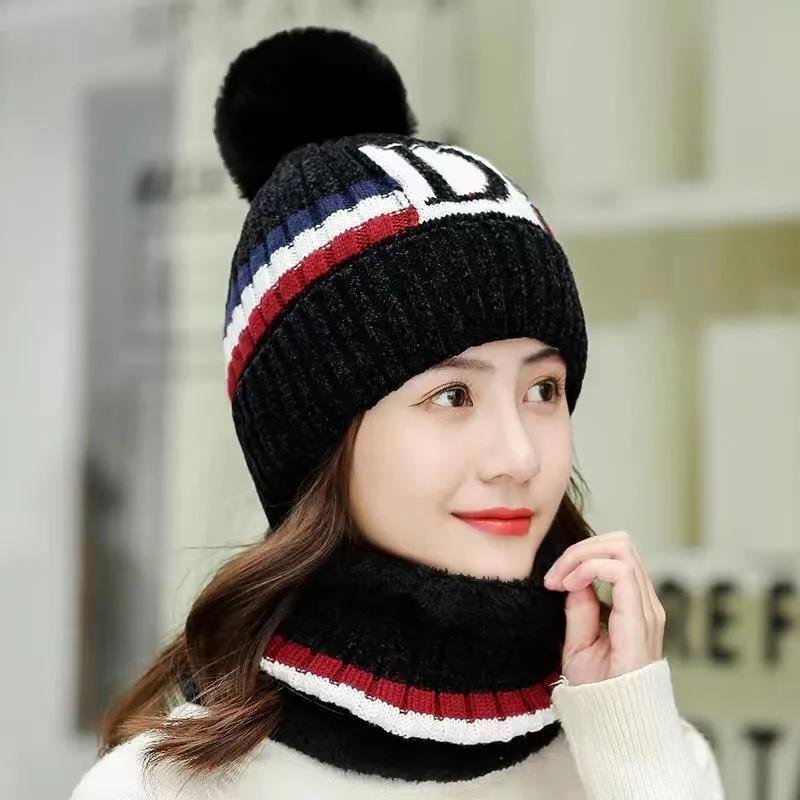 Winter Hat Bib Suit Plus Velvet Thick Warm Knitted Wool Hat Outdoor Windproof Mask Bib One for Women