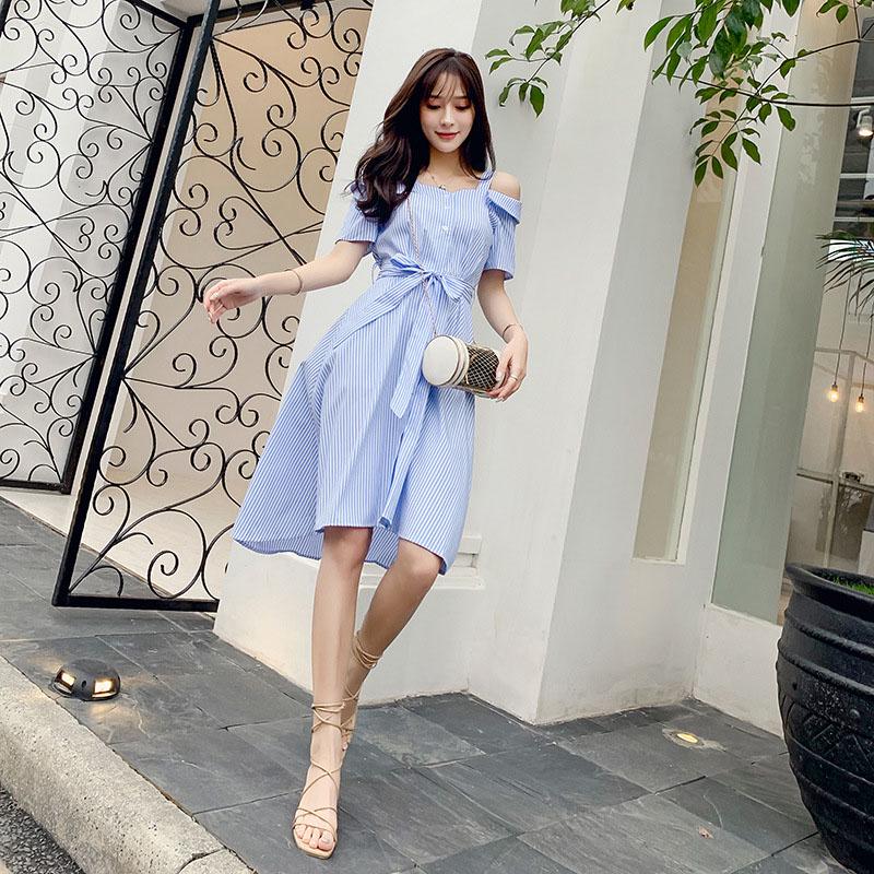 Pofulove Striped shirt dress summer women's midi loose off-shoulder pleated strap dress with belt