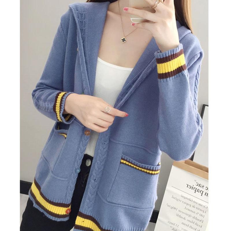 Spring and Autumn Knitted Cardigan Sweater Loose Hooded Large Size Top Short Color-blocking Women's Jacket