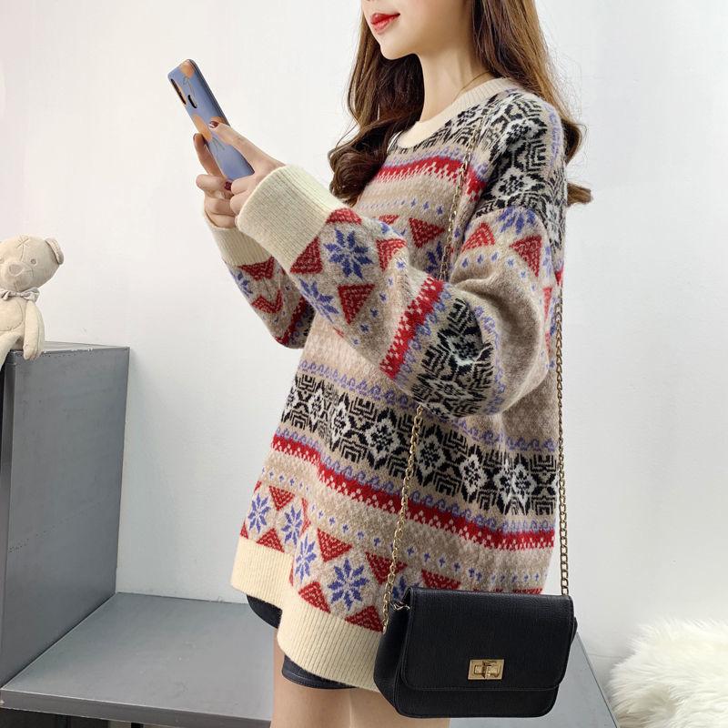 Autumn and Winter Retro Geometric Pattern Sweater Loose Casual Jacquard Top Pure Cute Girl Sweater