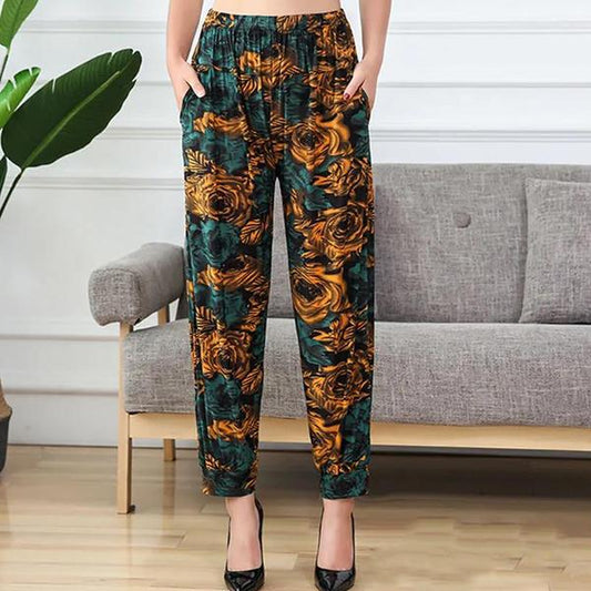 Women Summer High Waist Wide Leg Floral Printed Casual Pants Female Big Size Loose Elastic Waist Simple Thin Cropped Pants