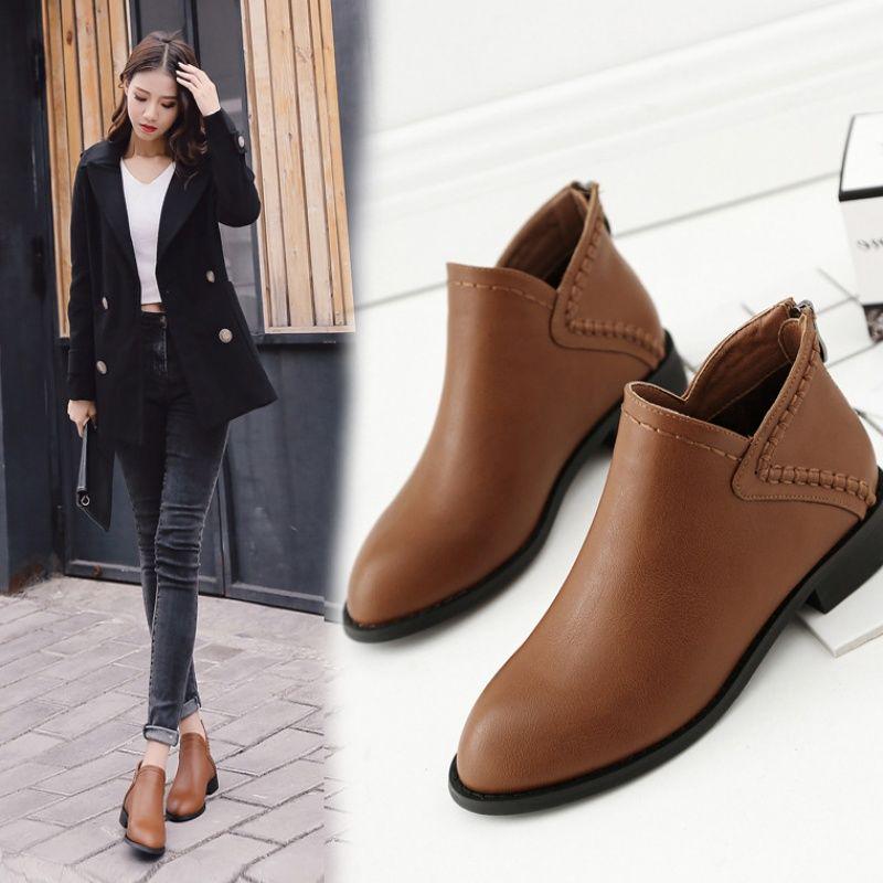 Women Autumn Winter Ankle Boots Slip-on Round Toe Square Heel Solid Casual Black/Camel Booties