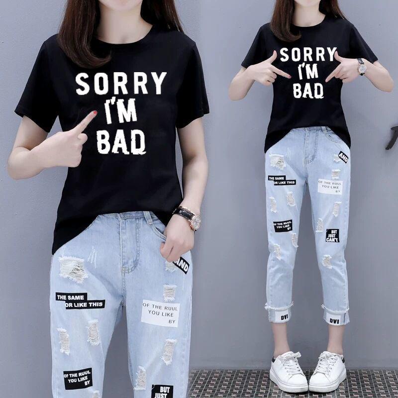 Suit Women Summer Short-sleeved T-shirt Nine-point Jeans Loose Two-piece Round Neck Short-sleeved T-shirt Loose Jeans