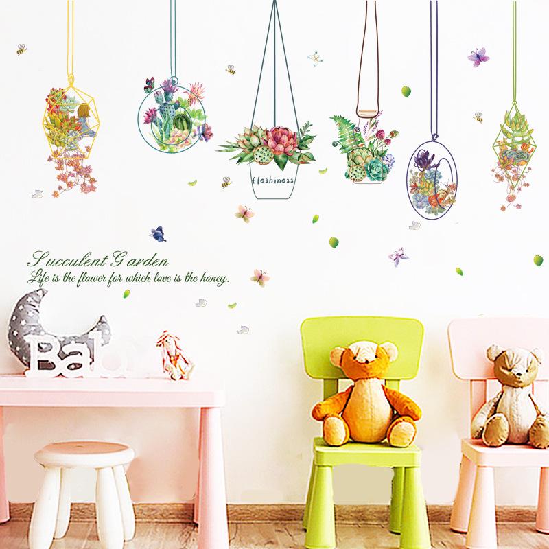 Succulent flower basket cartoon wall sticker TV sofa background decoration removable wall stickers