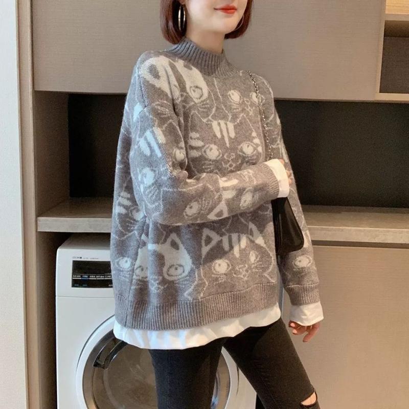 Autumn Winter  Women Fashion Sweater Casual Knitting Sweater Print Round Neck Pullovers Loose Casual Long Sleeve Sweater