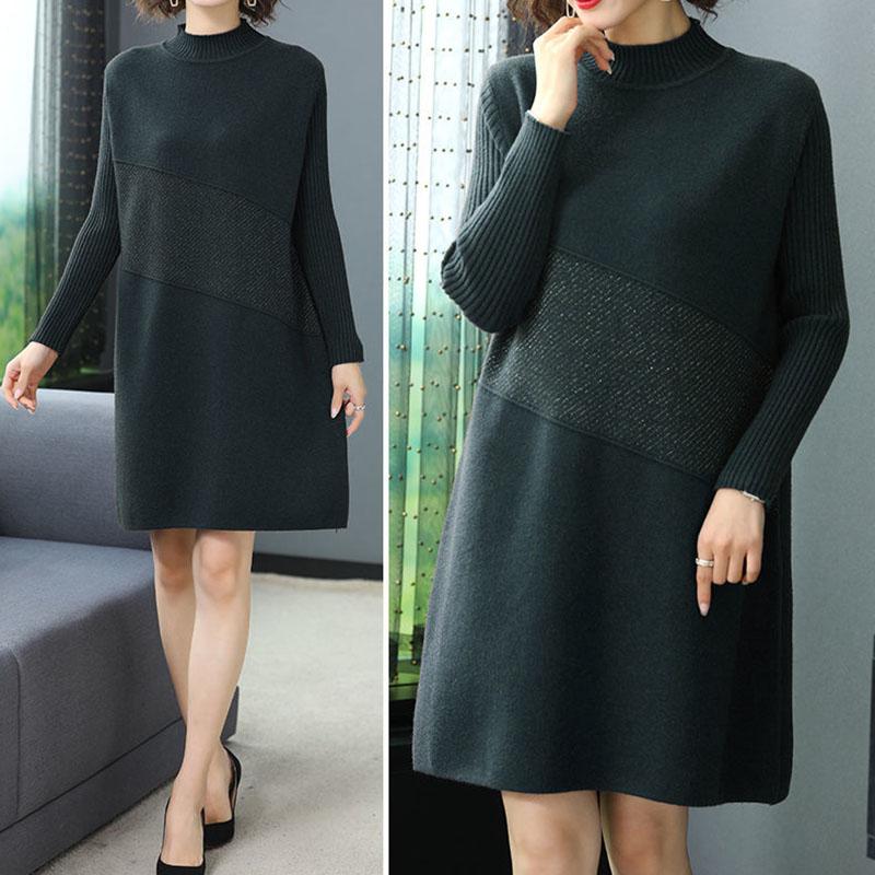 Autumn and Winter Plus Size Knitted Bottoming Skirt Simple Casual Dress Half High Collar Solid Color Middle-aged Women Sweater Dress