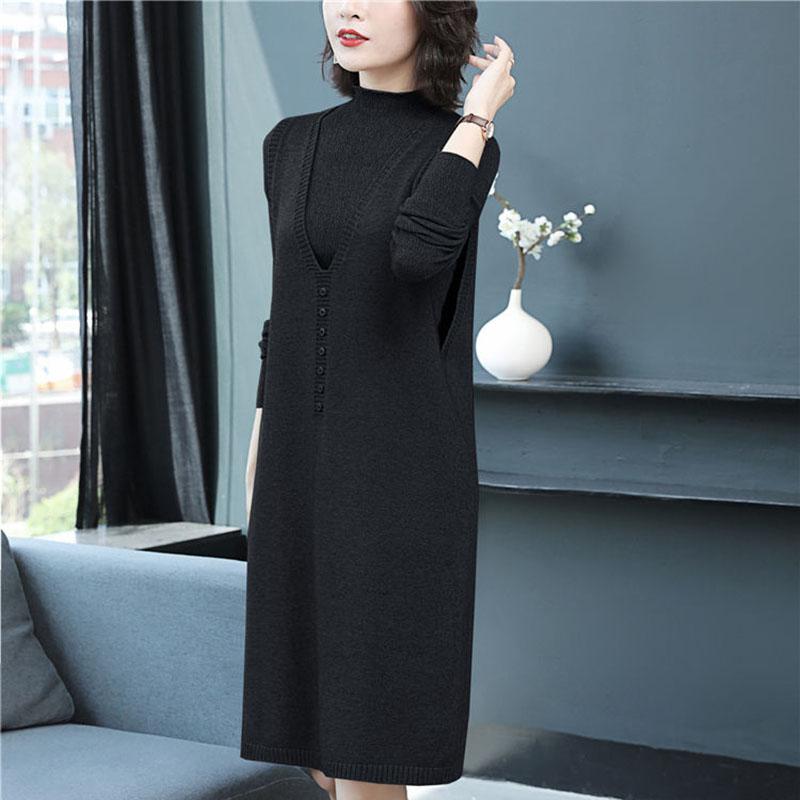 Autumn and Winter Long Sweater Vest Skirt Loose Sleeveless Knitted Dress Fashion Solid Color Female Vest Skirt