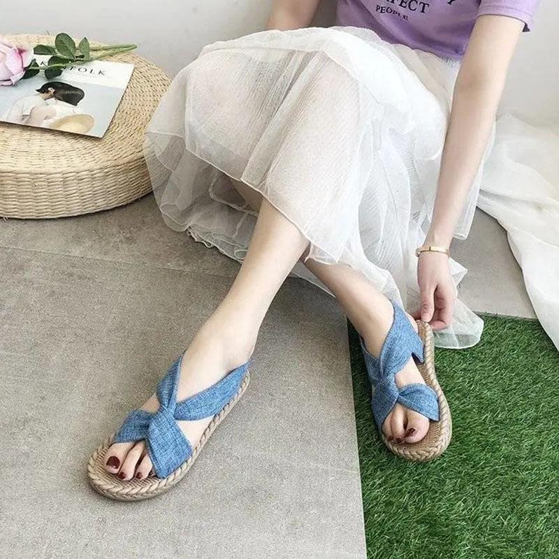 Flat-bottomed Sandals Women's Summer All-match Denim Cloth Cover Roman Shoes Korean Version Non-slip Wear-resistant Sandals