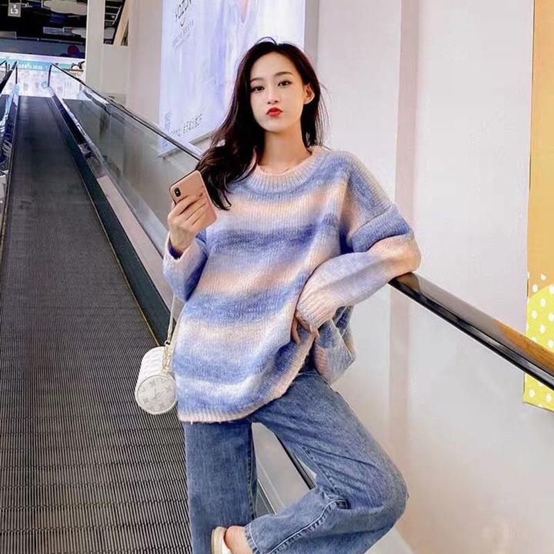 Autumn  Winter  Rainbow Sweater Slimming Women's  Loose Outer Wear Cocoon Casual Long-sleeved Sweater Top