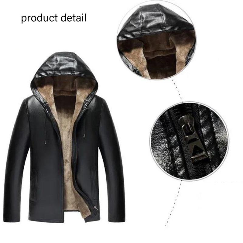 Autumn and Winter Handsome Warm and Velvet Thick Leather Jacket Men's Jacket with Hood and Velvet Thick Fur Jacket Parka Coat