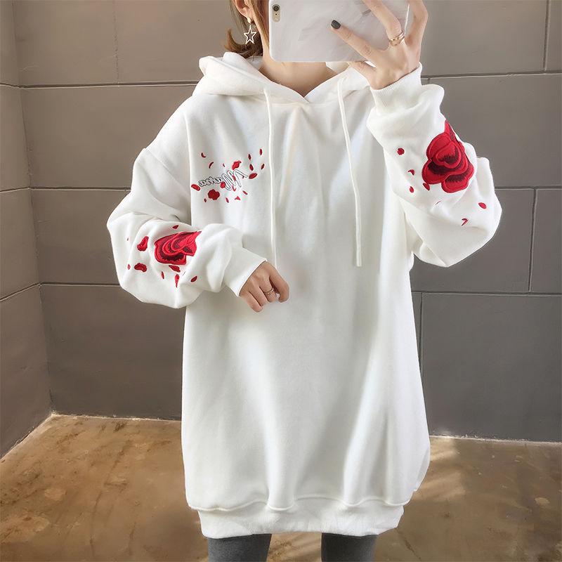 Crane Floral Embroidery Harajuku Hoodies Women Autumn Winter Thick Fleece White Black Hooded Pullover Tops Oversized Streetwear Hip Hop Sweatshirts