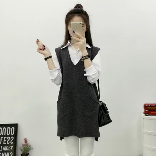 Autumn and Winter Mid-length Knitted Vest Women Loose Hedging V-neck Vest Thickened Large Size Waistcoat