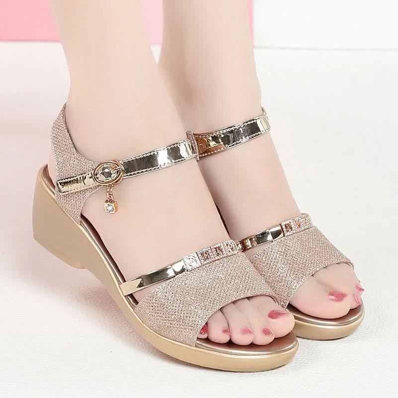 Leather Sandals Women's Open Toe Wedge Roman Shoes Women's Summer Thick Mid-heel All-match Soft Bottom Ladies Sandals