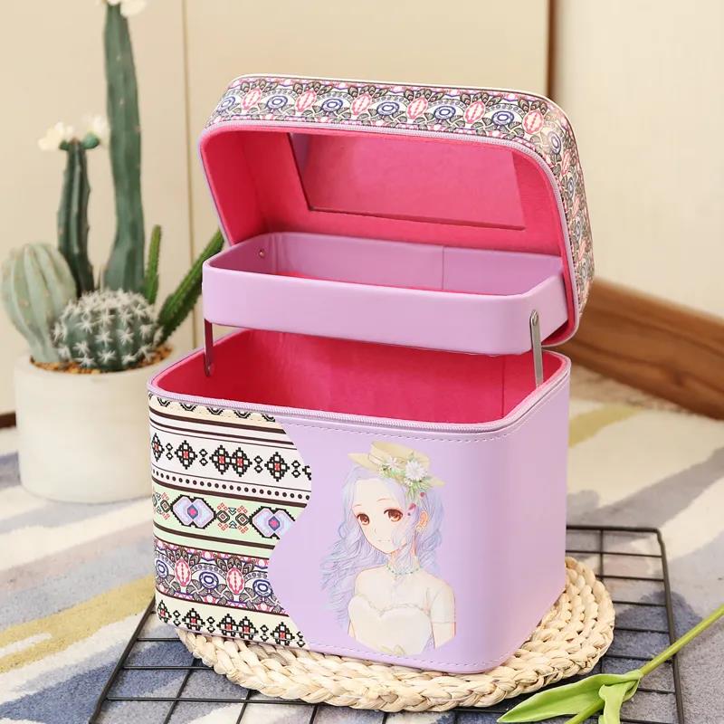 Two-layer Cosmetic Bag Multi-functional Cute Girl Heart Portable Cosmetic Storage Box Large-capacity Cosmetic Box