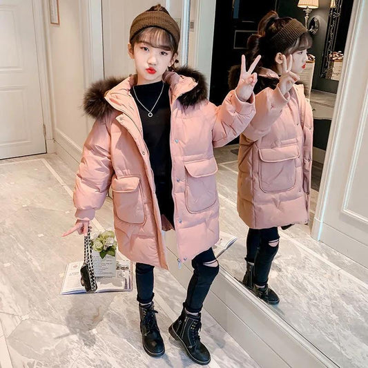 Girls' Thick Warm Cotton-padded Jacket with Large Fur Collar Winter Mid-length Windproof Hooded Jacket