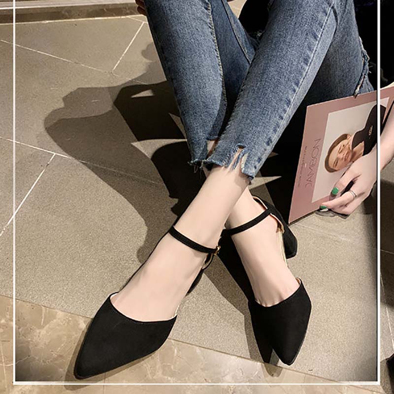 Shoes Female Students Korean Style Single Shoes Female Summer Wild Mid-heel Pointed Toe Buckle Thick Heel High-heeled Shoes Female Sandals