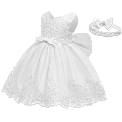 Children Dress Party Female Baby 0-6Years Old Lace Bow Dress Princess Dress and Headband Kid Clothing