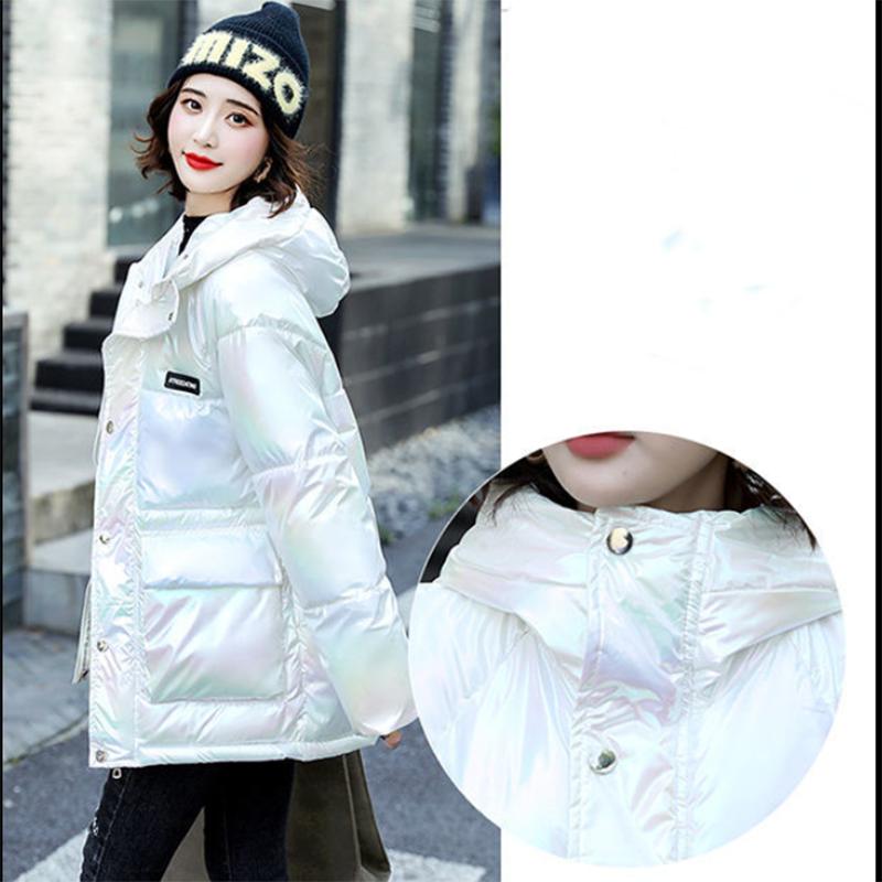 Women's Glossy Mid-length Down Jacket Winter Korean Style Loose Cotton Clothes Casual Hooded Padded Jacket