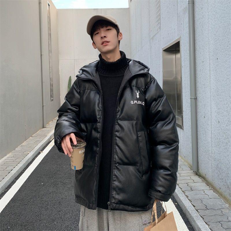 Men's Cotton-padded Jacket Winter Hong Kong Style Trend Loose Hooded Jacket Windproof PU Embroidered Winter Leather Padded Jacket