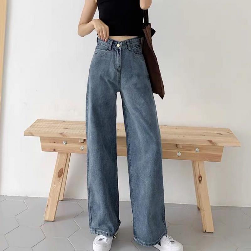 WTEMPO High Waist Women Jeans Loose Casual Great Elasticity Washed Denim Straight-leg Pants Super Long